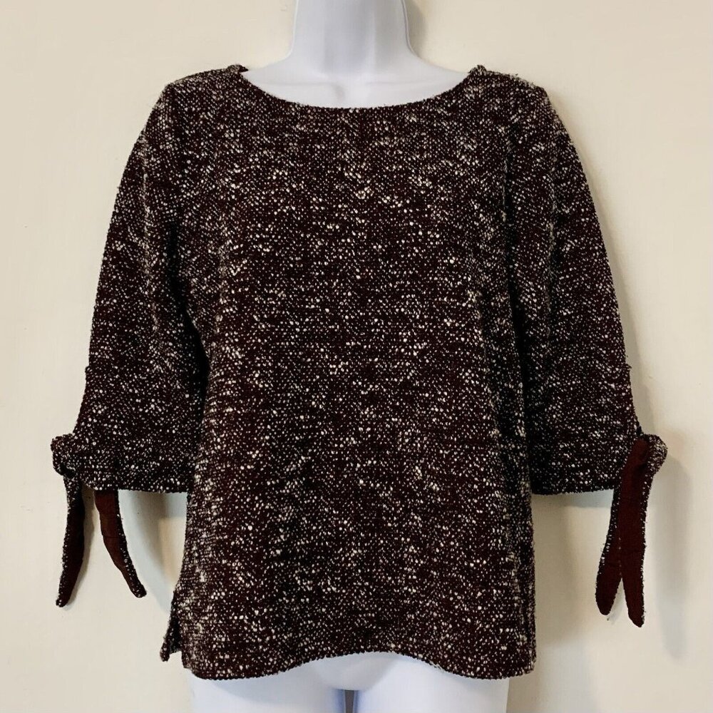 ANN TAYLOR Maroon White Speckled Tweed Tie Sleeve Cuffs Top Career Wear Size MP